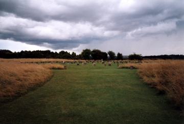 Concrete pillars mark the place of the ancient post-holes at Woodhenge, Wiltshire