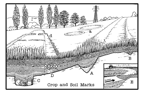 How Crop and Soil Marks are formed illustrated by D. R. J. Perkins.